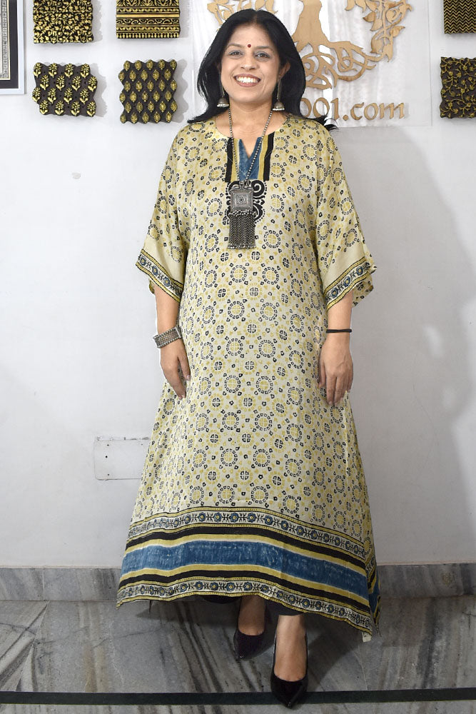 Beautiful Hand Block Printed Ajrakh Modal Silk Kaftan Kurta, Size 38 to 44