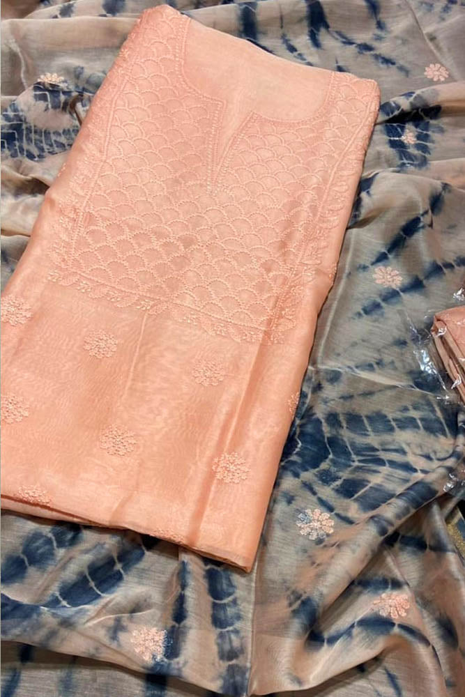 Elegant Chanderi Kurta & Tie & Dye Dupatta Set with Hand Chikankari Embroidery