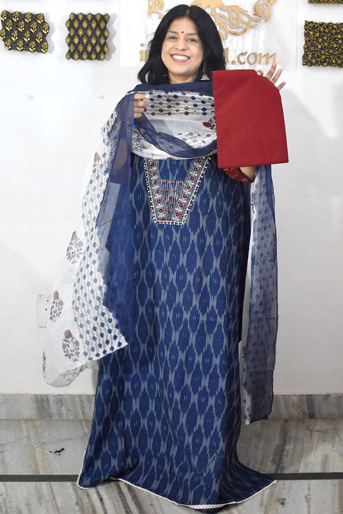 Elegant Handwoven Ikkat Cotton Unstitched Suit with Ajrakh patch ,Intricate Hand Embroidery block print dupatta