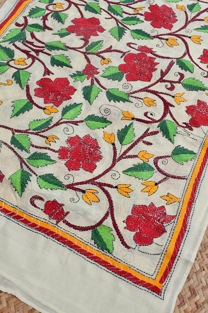 Elegant Hand Embroidered Kantha work Tussar Silk Stole