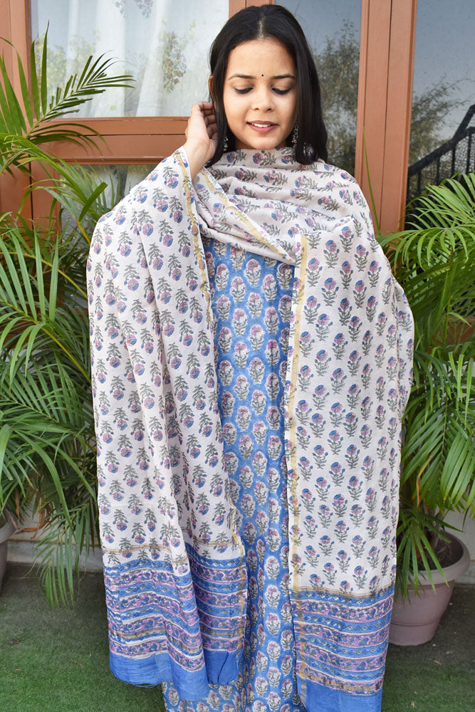 Sanganer Hand Block Printed Chanderi unstitched suit fabric