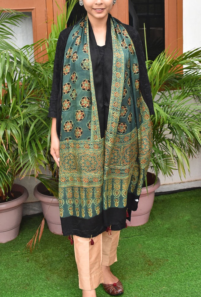 Beautiful Hand Block Printed Ajrakh Modal Silk stole with Tassels