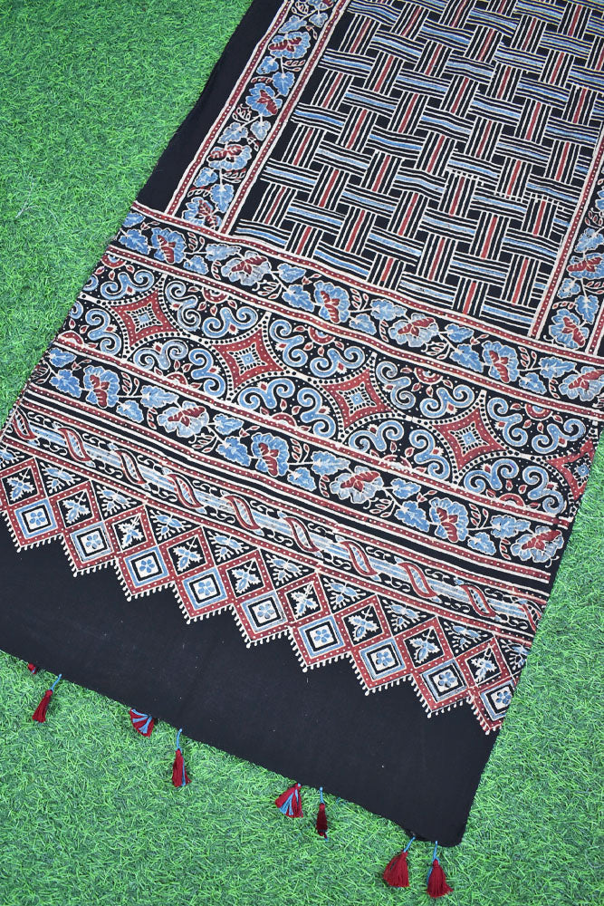 Ajrakh Hand Block Printed Khadi Cotton Stole with Tassels & natural dyes