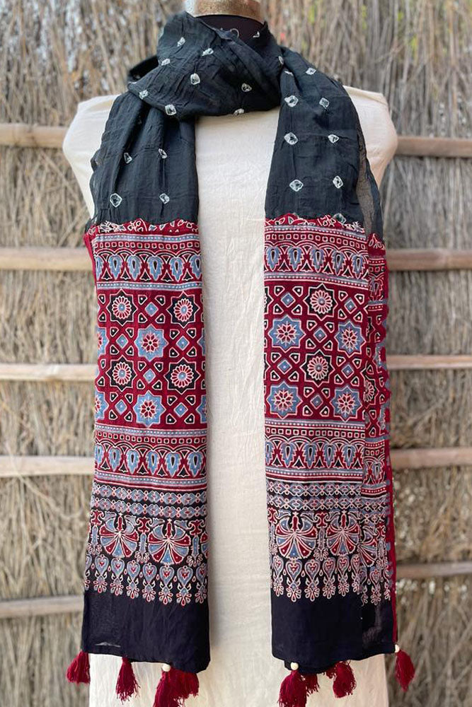 Beautiful Ajrakh Bandhani Mul Cotton Stole