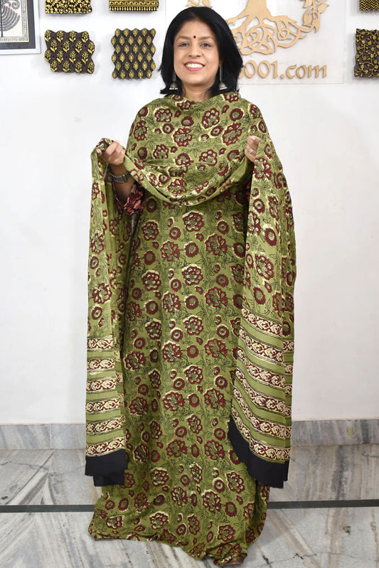 Hand Block Printed Muslin unstitched suit fabric with cotton bottom