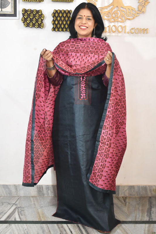 Semi Stitched Block Printed Tussar Silk Dupatta  & Tussar Kurta Fabric