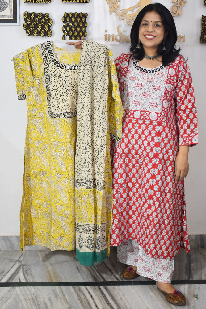 Hand Block Printed stitched 3 pc Cotton suit with Kutch Mirror Work Size - 42