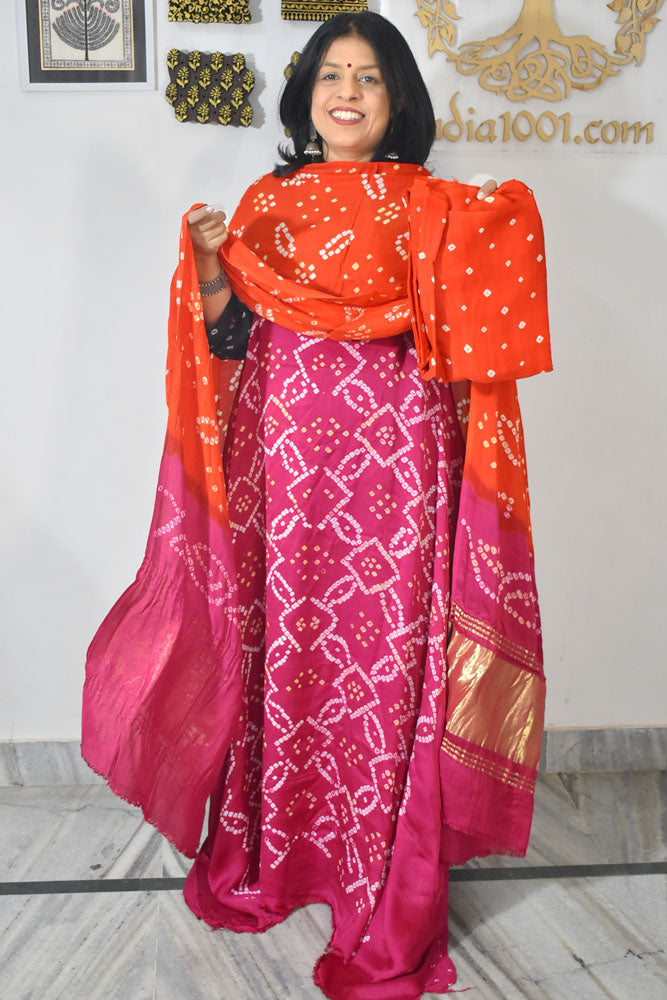 Tie & Dye Kutch Bandhani modal silk Unstitched Suit with Bandhani Bottom