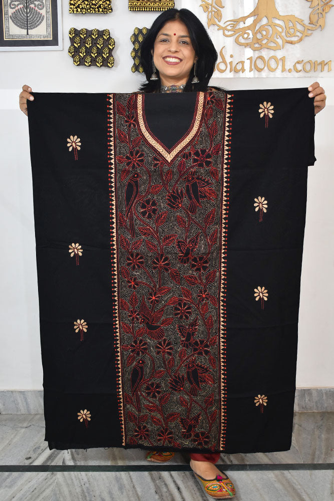 Hand Embroidered Kantha work cotton fabric - (Length 2.8 mtrs )