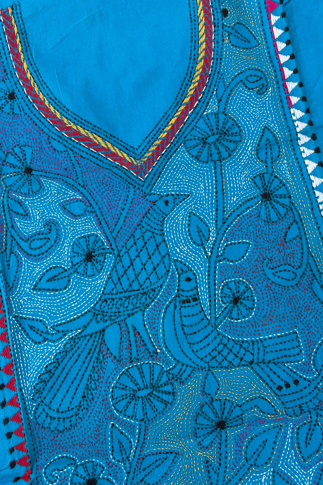 Hand Embroidered Nakshi Kantha work cotton fabric - (Length 2.8 mtrs, )