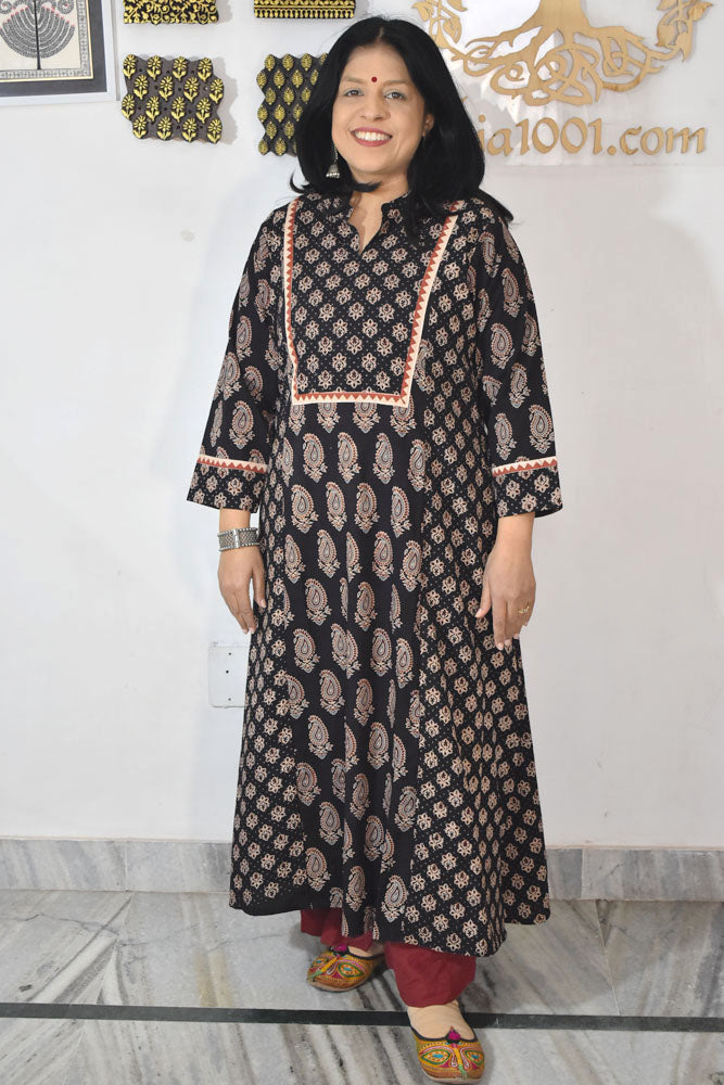 Designer Hand Block Printed Ajrakh cotton Kurta / Dress - Size 38 to 48 ( all sizes)