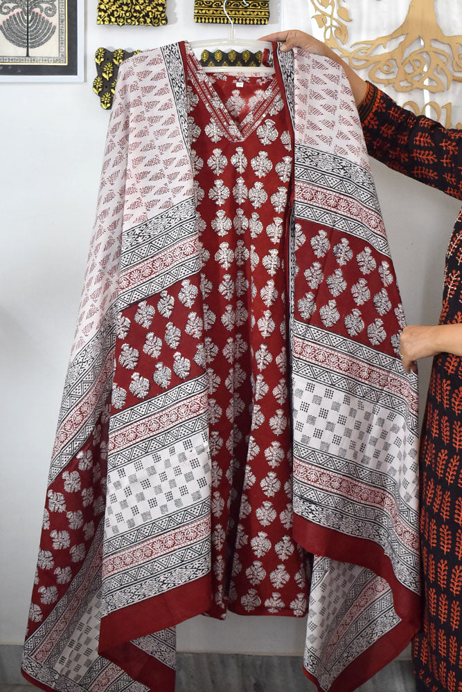 Bagh Hand Block Printed stitched 3 pc Cotton suit With Hand Embroidery - 44 size