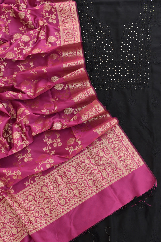 Chikankari & Muqaish work Chanderi Kurta Fabric with Banarasi Dupatta and Chanderi bottom
