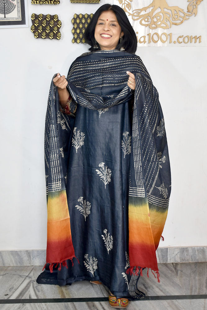 Beautiful Hand Block printed Tussar Silk Kurta Dupatta Set