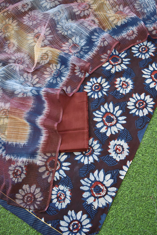 Beautiful Cotton Unstitched Suit with Jahota Block print Brush Paint Kota doria dupatta