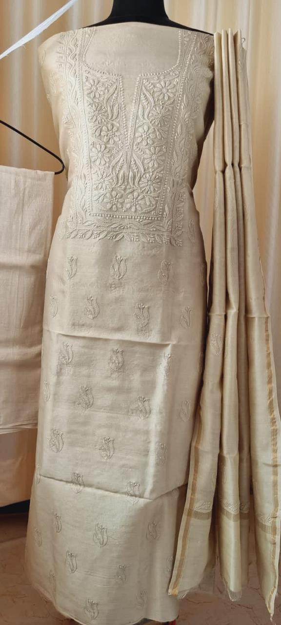 Elegant Chanderi silk Cotton Kurta & Dupatta with Chikankari Embroidery work & cotton bottom - 3 pc set