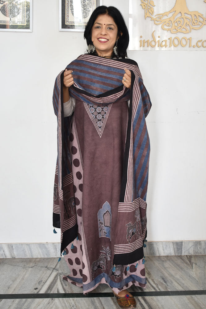 Block Print Ajrakh Cotton Suit with designer Ajrakh neck yoke /panel & Long Stole