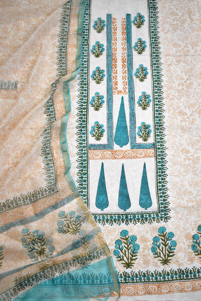 Designer Hand Block Placement Print Cotton suit with Chanderi dupatta and panel design