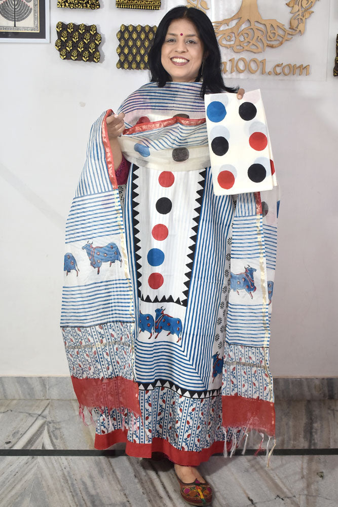 Designer Hand Block Print Cotton suit with Chanderi dupatta