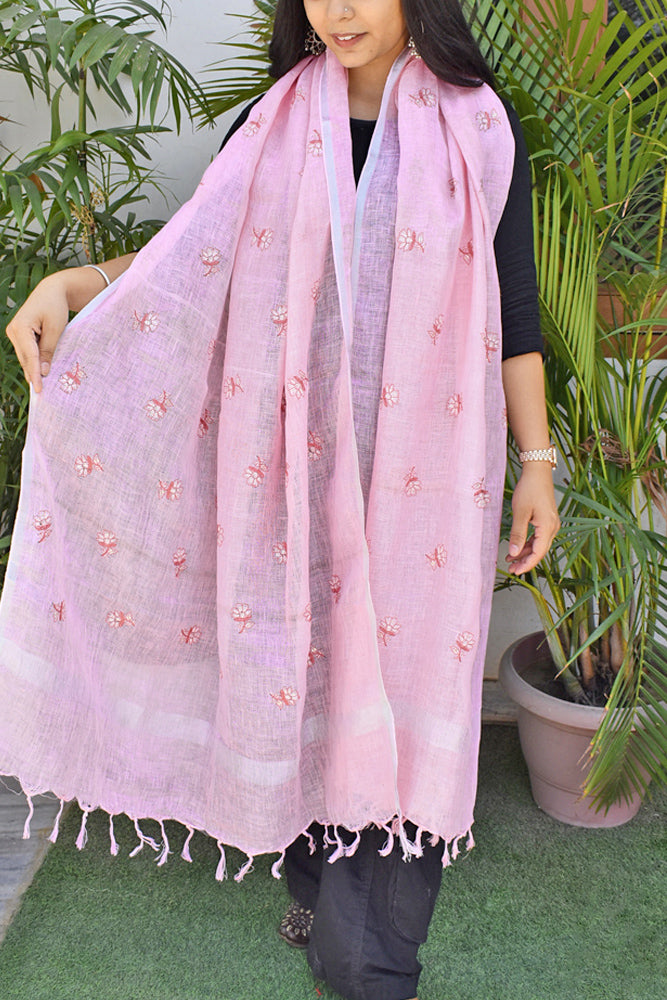 Pure Linen dupatta with embroidery