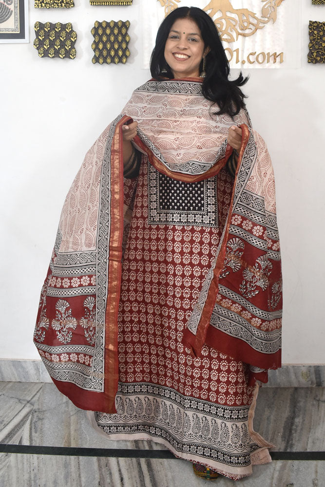 Bagh Hand Block Printed unstitched 3 pcs Handwoven Maheshwari suit fabric with Zari borders