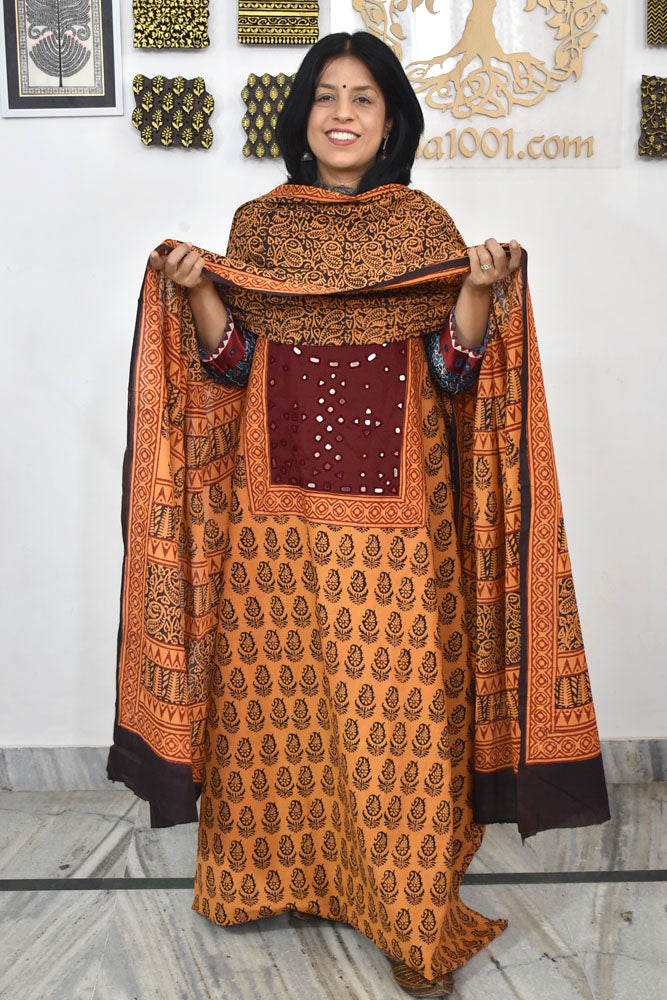 Bagh Hand Block Printed unstitched 3 pc Cotton suit fabric with Kutch Mirror Work