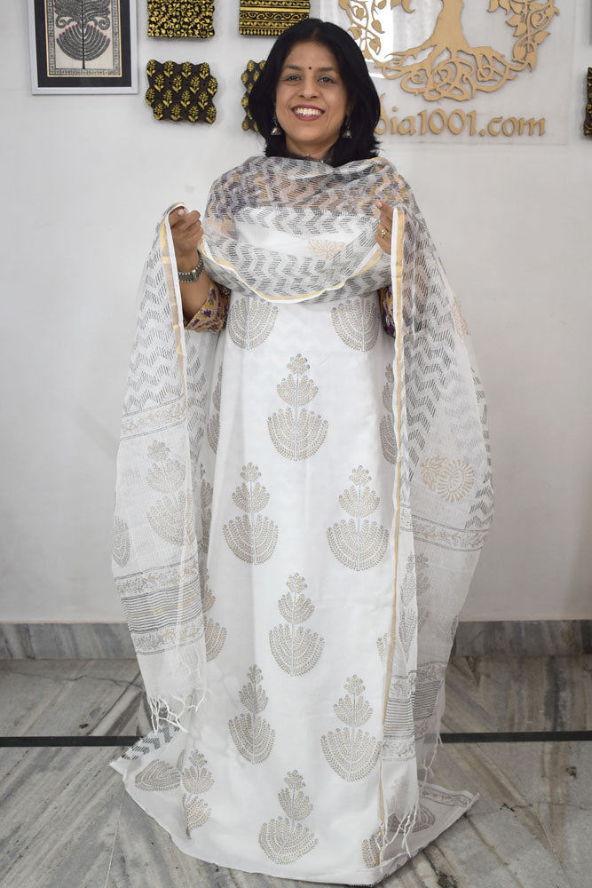 Beautiful Hand Block Printed Cotton unstitched suit fabric with Kota Doria Dupatta