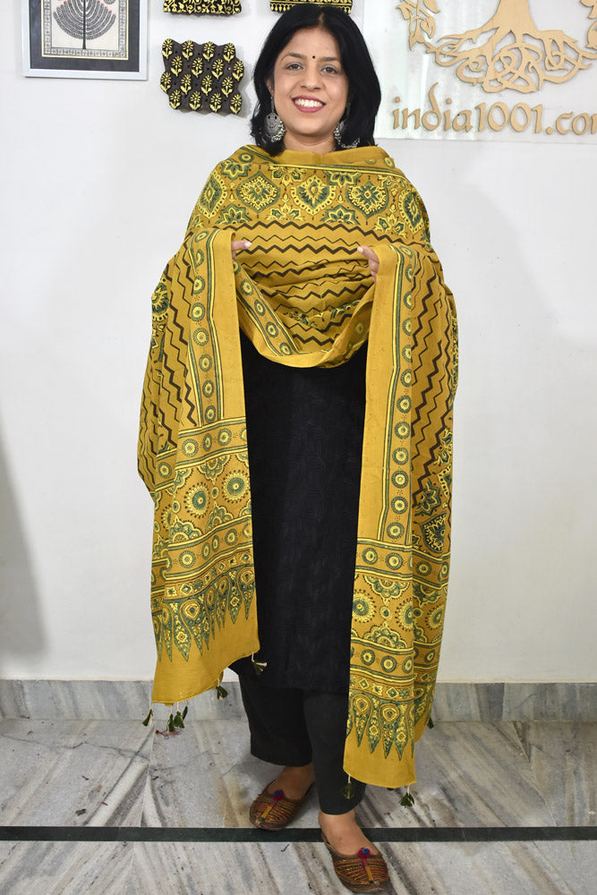 Ajrakh Hand Block Printed Cotton Dupatta with Tassels & natural dyes
