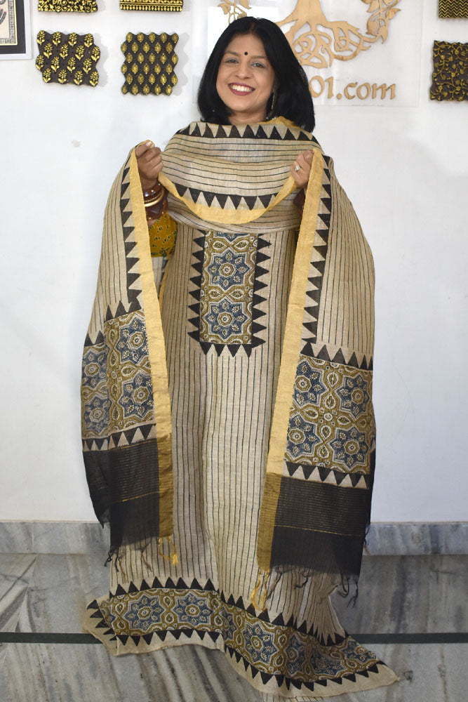 Beautiful Pure Linen Ajrakh Hand Block Print Suit