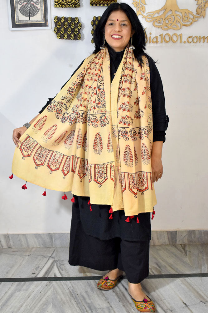 Hand woven Ajrakh Kutch Merino Wool Stole with Tassels