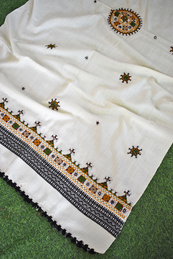 Handwoven Bhujodi Intricate Hand Embroidery & Hand Mirror Work Woolen Shawl