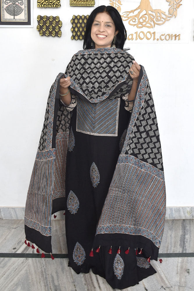 Designer Ajrakh Muslin Unstitched suit with Ajrakh Muslin Dupatta- 2 piece set