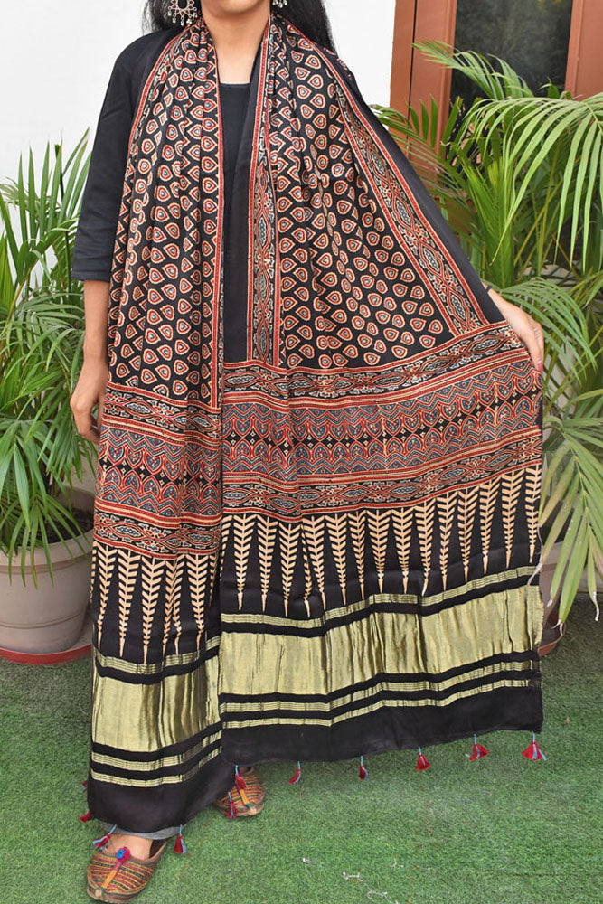 Beautiful Ajrakh Modal Silk Hand block Printed Stole with lagdi patta