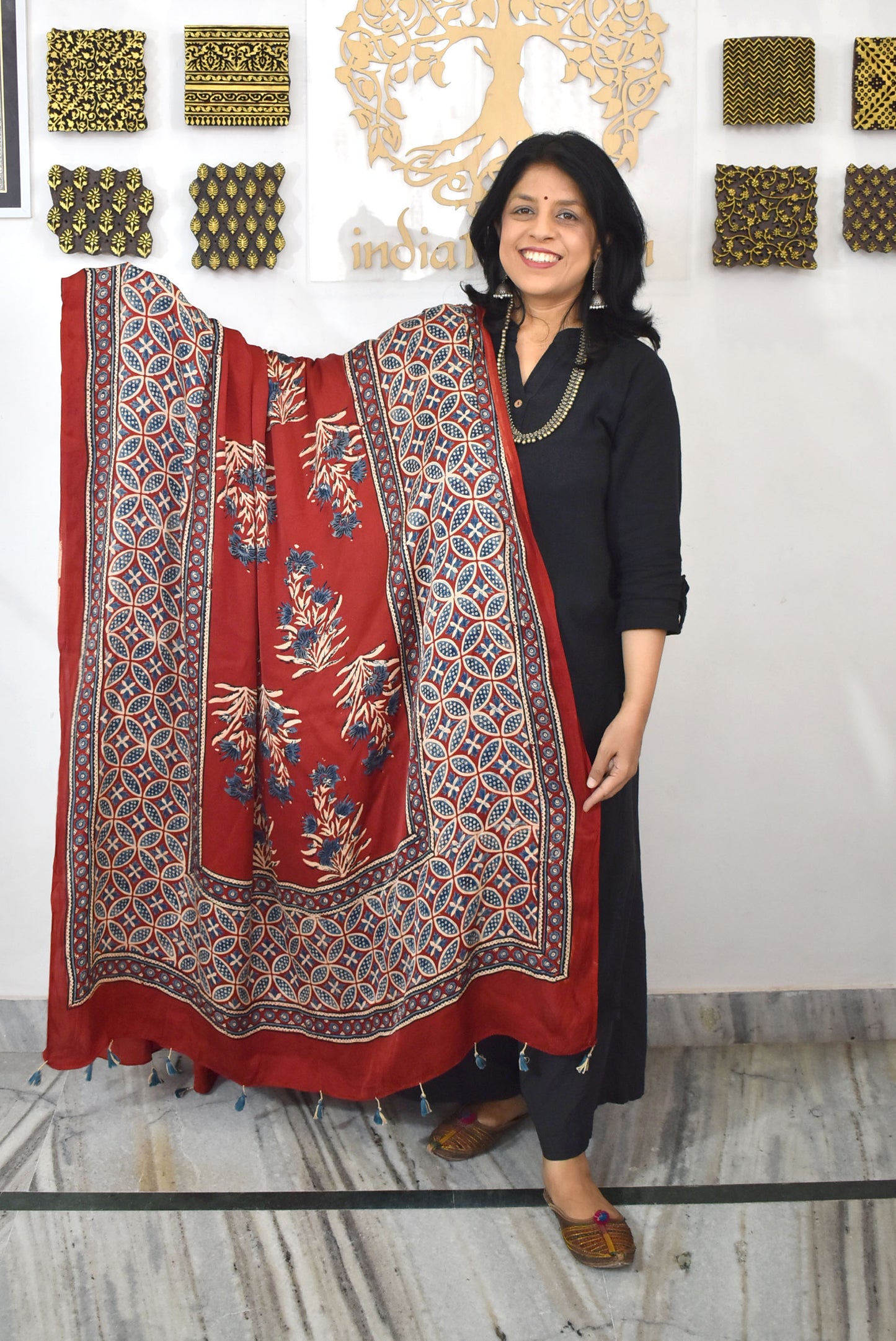 Designer Modal Silk Ajrakh Block Print Dupatta with tassels