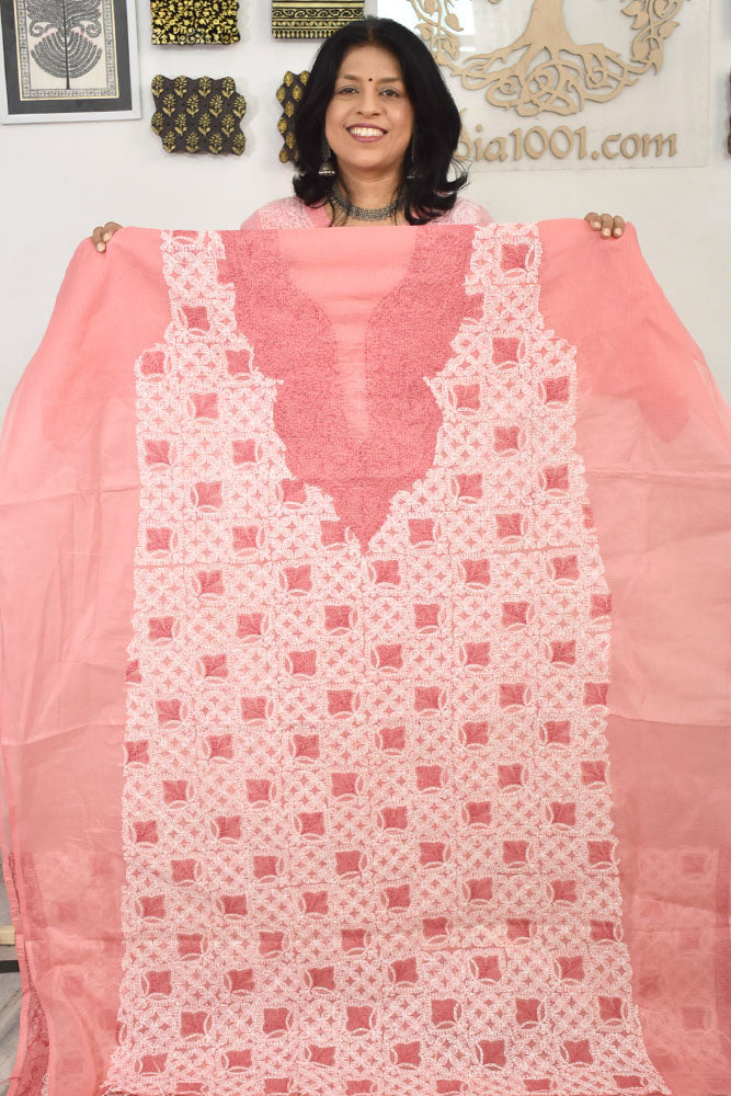 Designer Hand Embroidered Chikankari Tepchi work Kota Doria fabric