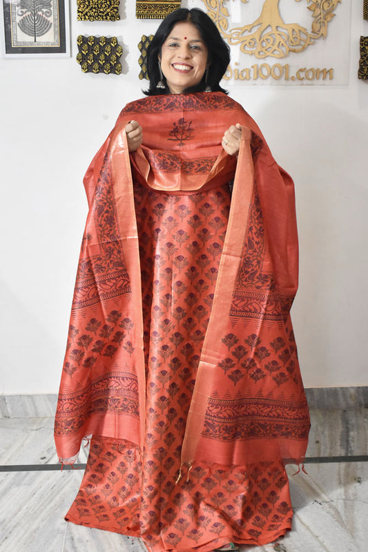 Elegant Hand Block printed Moonga Tussar Silk Kurta Dupatta Set