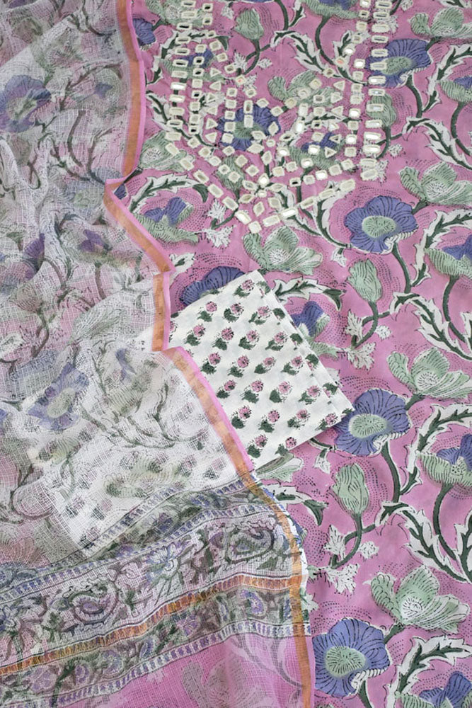Beautiful Hand Block Printed Cotton unstitched suit with Kutch mirror work & kota dupatta