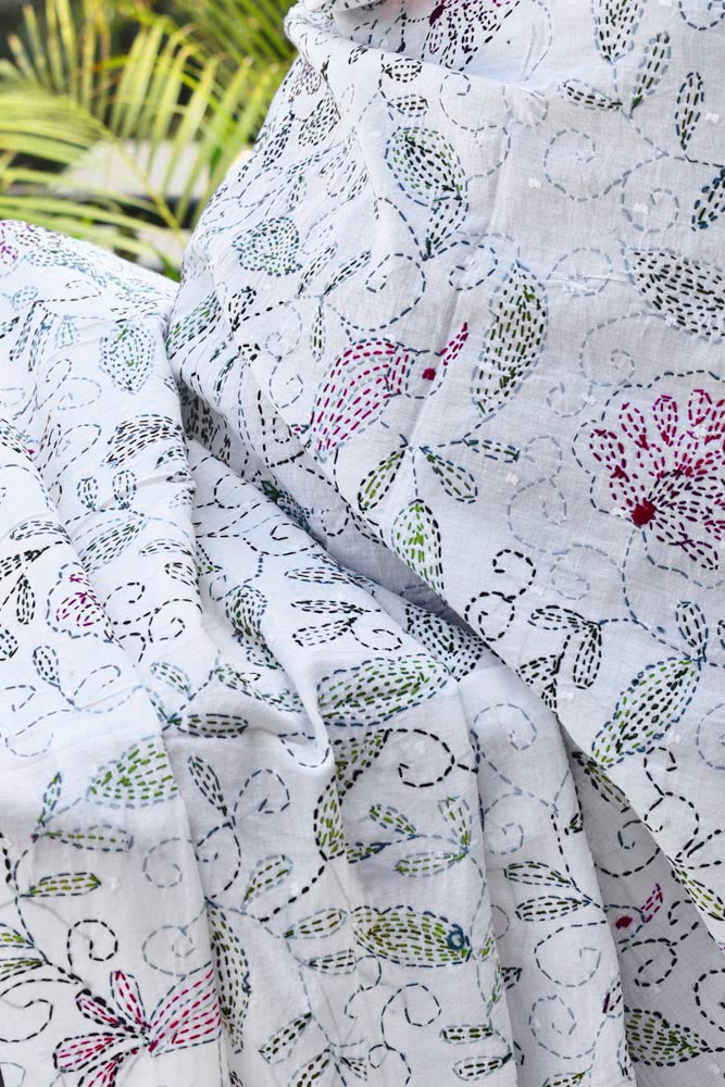 Beautiful Hand Embroidered Kantha Work Mul cotton Dupatta