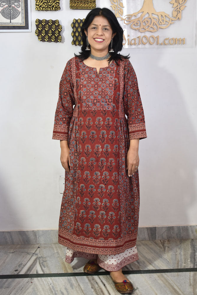 Designer Hand Block Printed Ajrakh cotton Kurta / Dress - Size 38 to 46 ( all sizes)