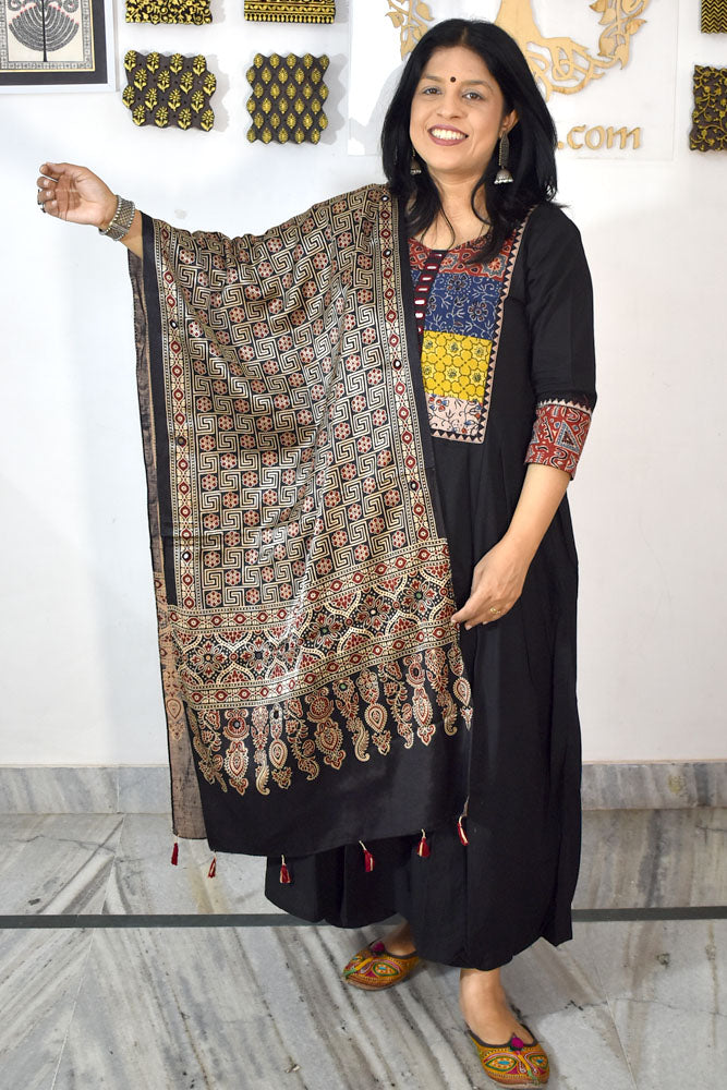 Beautiful Hand Block Printed Ajrakh Mashru Silk stole with Mirror Work