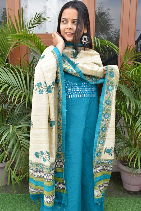 Handwoven Cotton Kurta fabric with Kutch Mirror work Geecha Silk dupatta