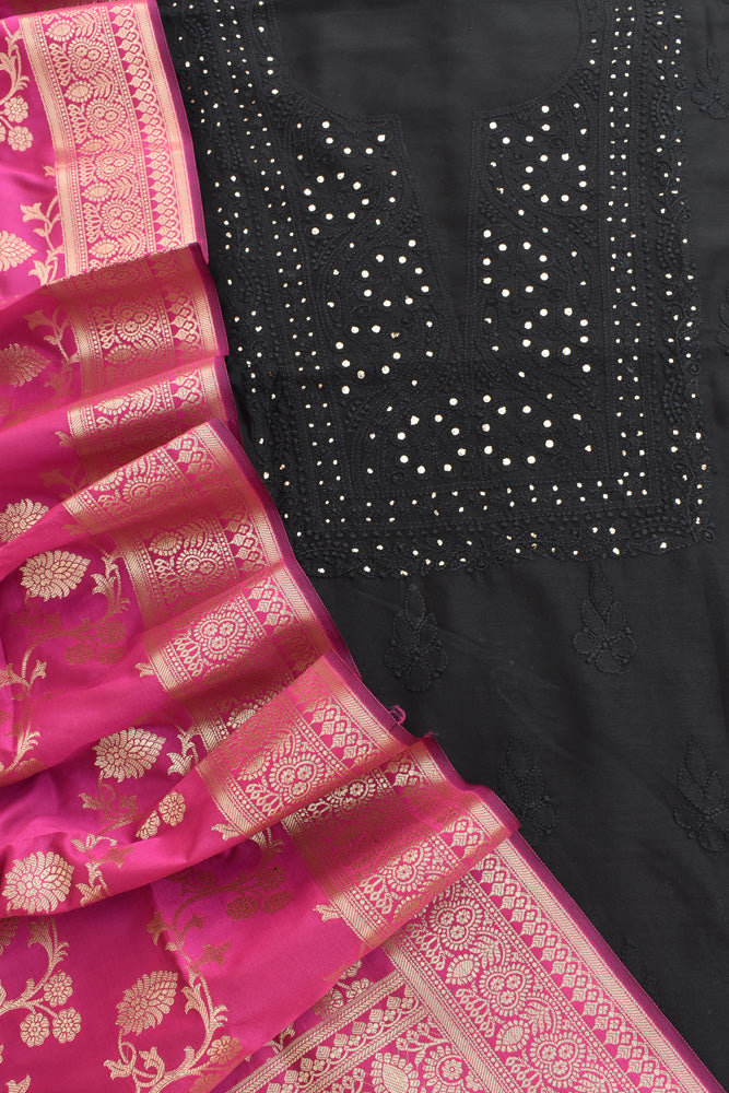 Chikankari & Muqaish work Chanderi Kurta Fabric with Banarasi Dupatta and Chanderi bottom