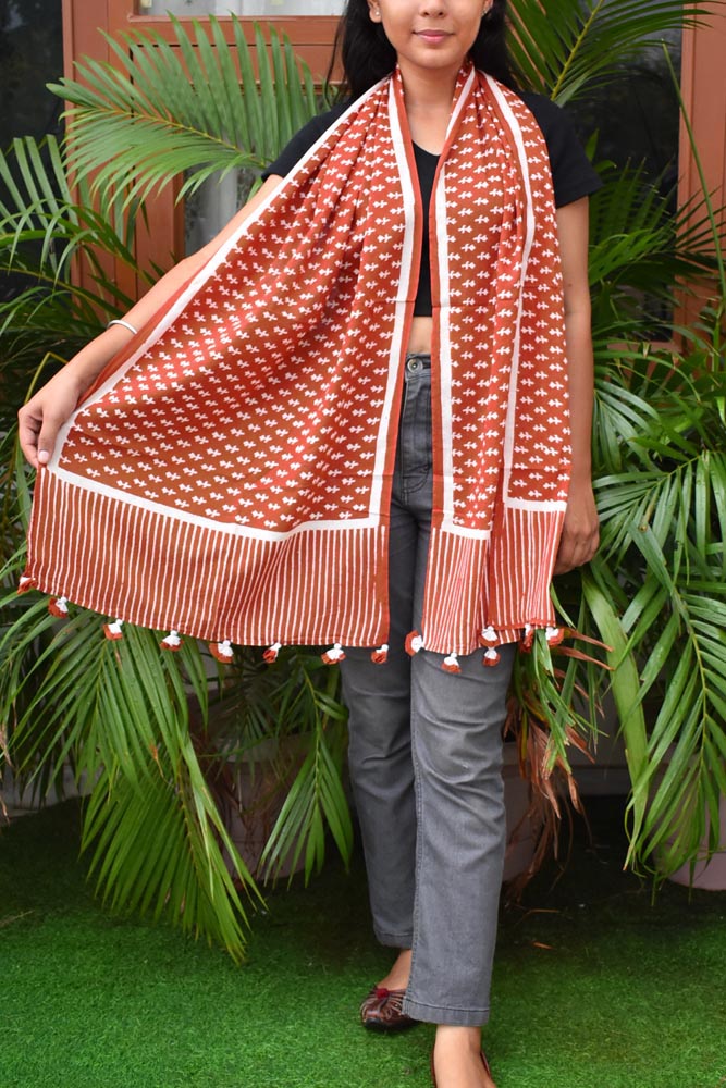 Elegant Hand block printed Cotton stole with cloth tassels