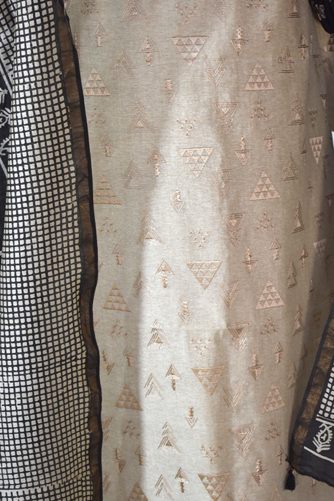 Handwoven Chanderi kurta with Hand Emboidery Chanderi Dupatta & Cotton Bottom - 3 pc set