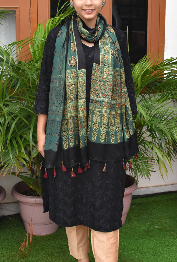 Beautiful Hand Block Printed Ajrakh Modal Silk stole with Tassels