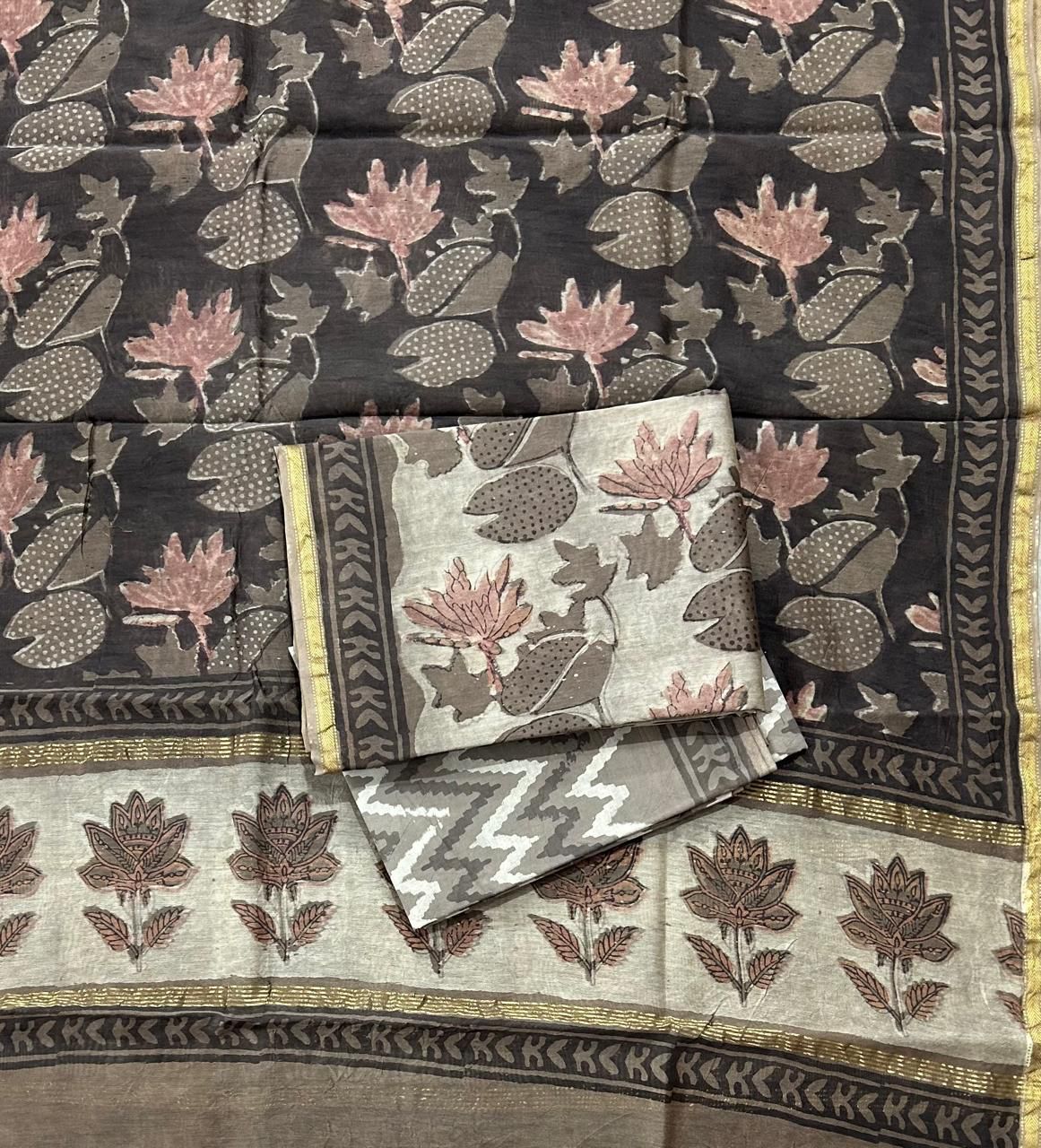 Beautiful Vanaspati Ajrakh Hand Block Printed Maheshwari Silk Cotton set with Bottom