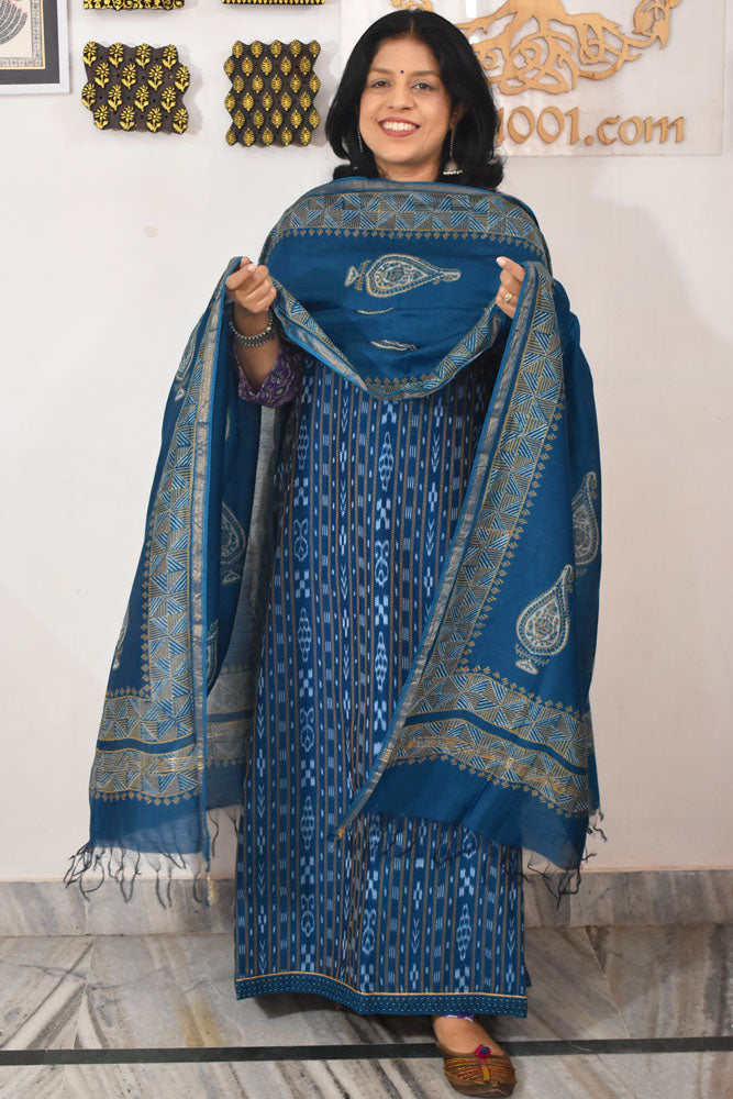 Handwoven Sambalpuri ikkat Cotton kurta with Chanderi Dupatta & Cotton Bottom - 3 pc set