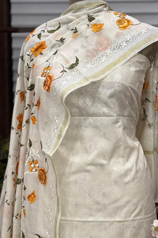 Beautiful embroidered Banarasi Slub Cotton Chanderi suit