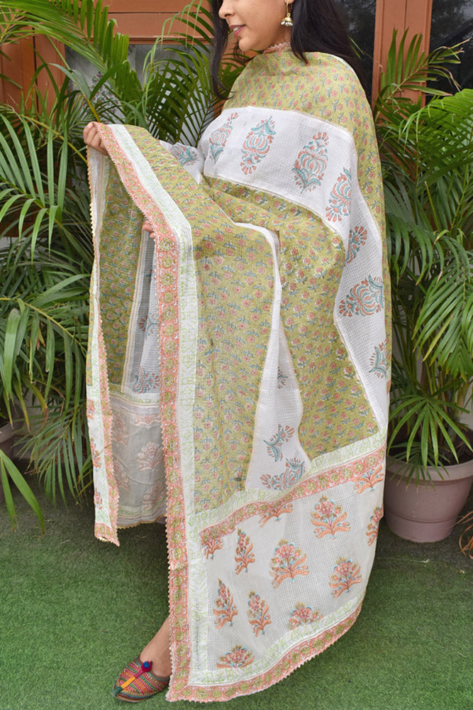 Hand Block Printed, Patch and Embroidery Work Kota Doria Dupatta