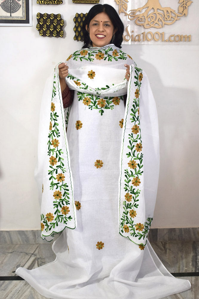 Elegant Kota Unstitched Kurta & Dupatta set with Aari work